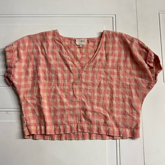 Lou & Grey Tops - Lou & Grey Pink Cream Plaid 100% Linen Blouse Crop Top Size S